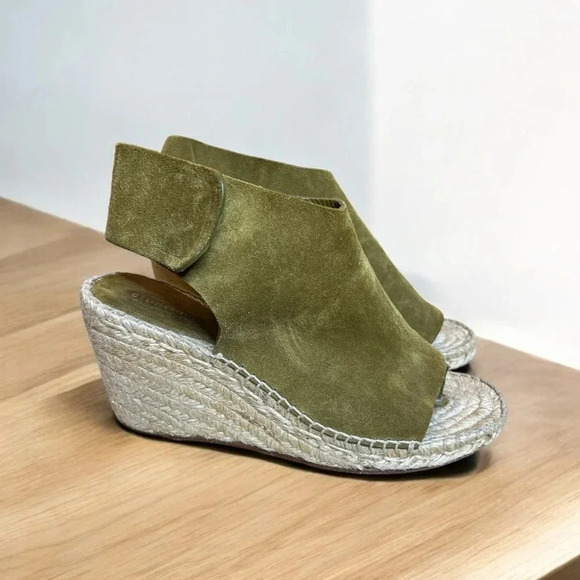 CELINE Paris Made In Spain Suede Olive Green Jute Open Toe Wedge Espadrilles - Picture 1 of 11